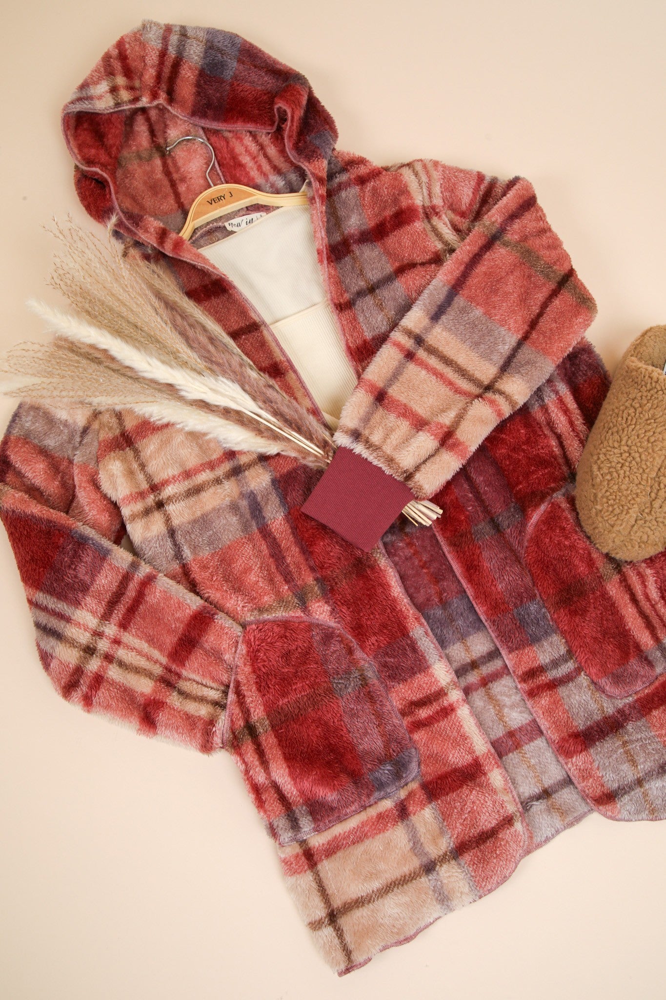shopelevatedtoday, shopelevatedtoday.com/,VERY J Fuzzy Plaid Long Sleeve Hooded Jacket