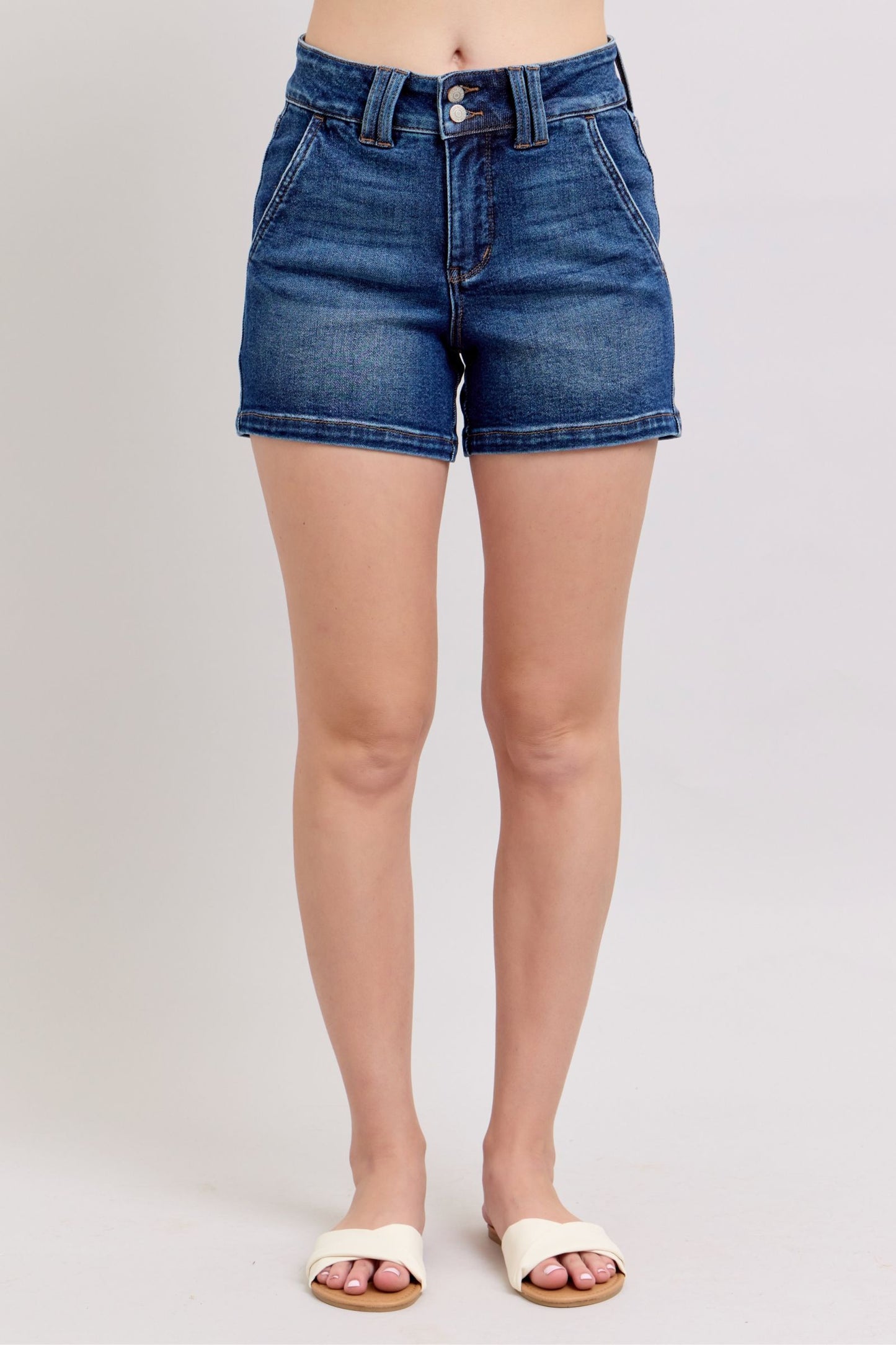 shopelevatedtoday, shopelevatedtoday.com, Judy Blue Full Size Double Button Waistband Denim Shorts Plus Size