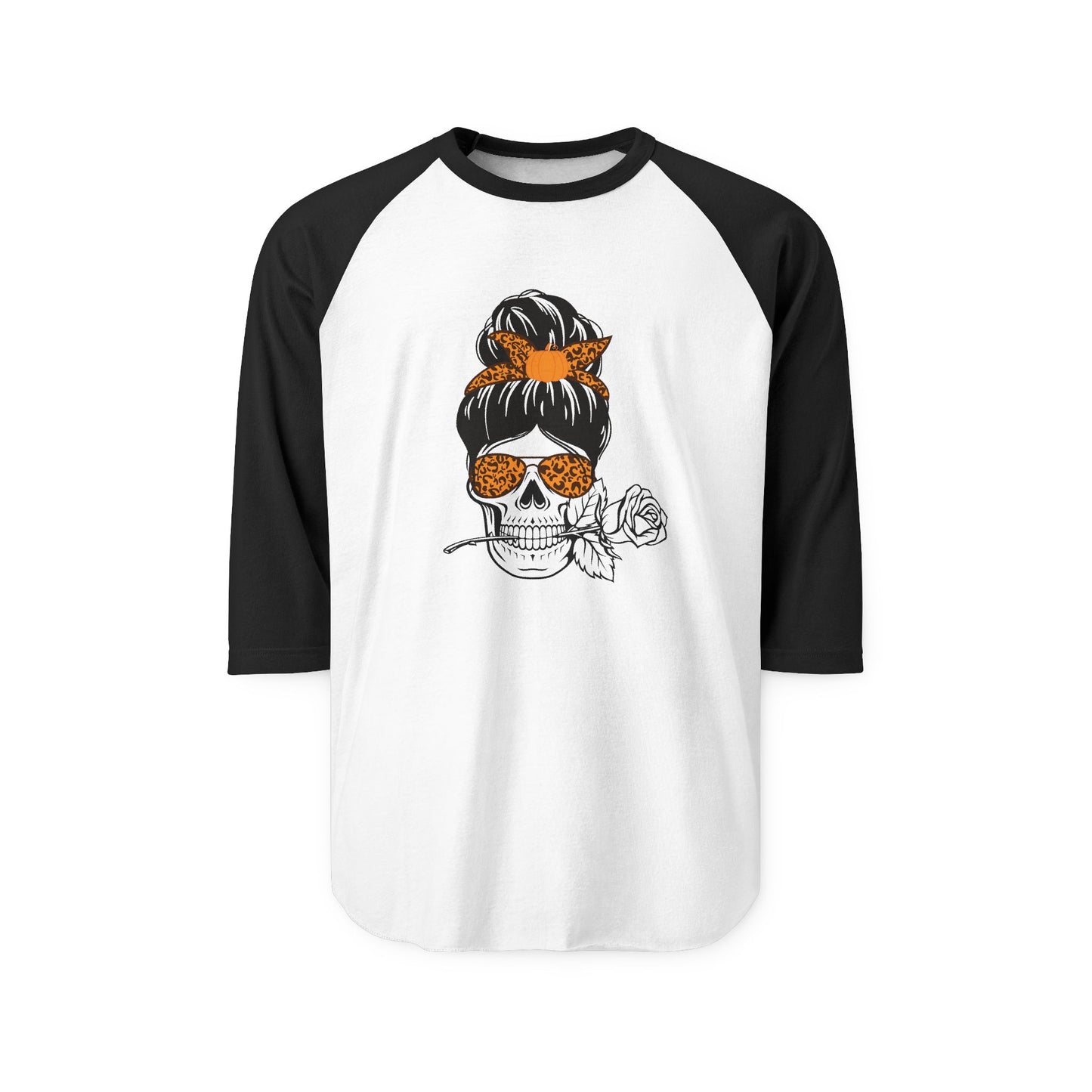Raglan Shirt Skull with Bun and Sun Glasses, Halloween Graphic Tee