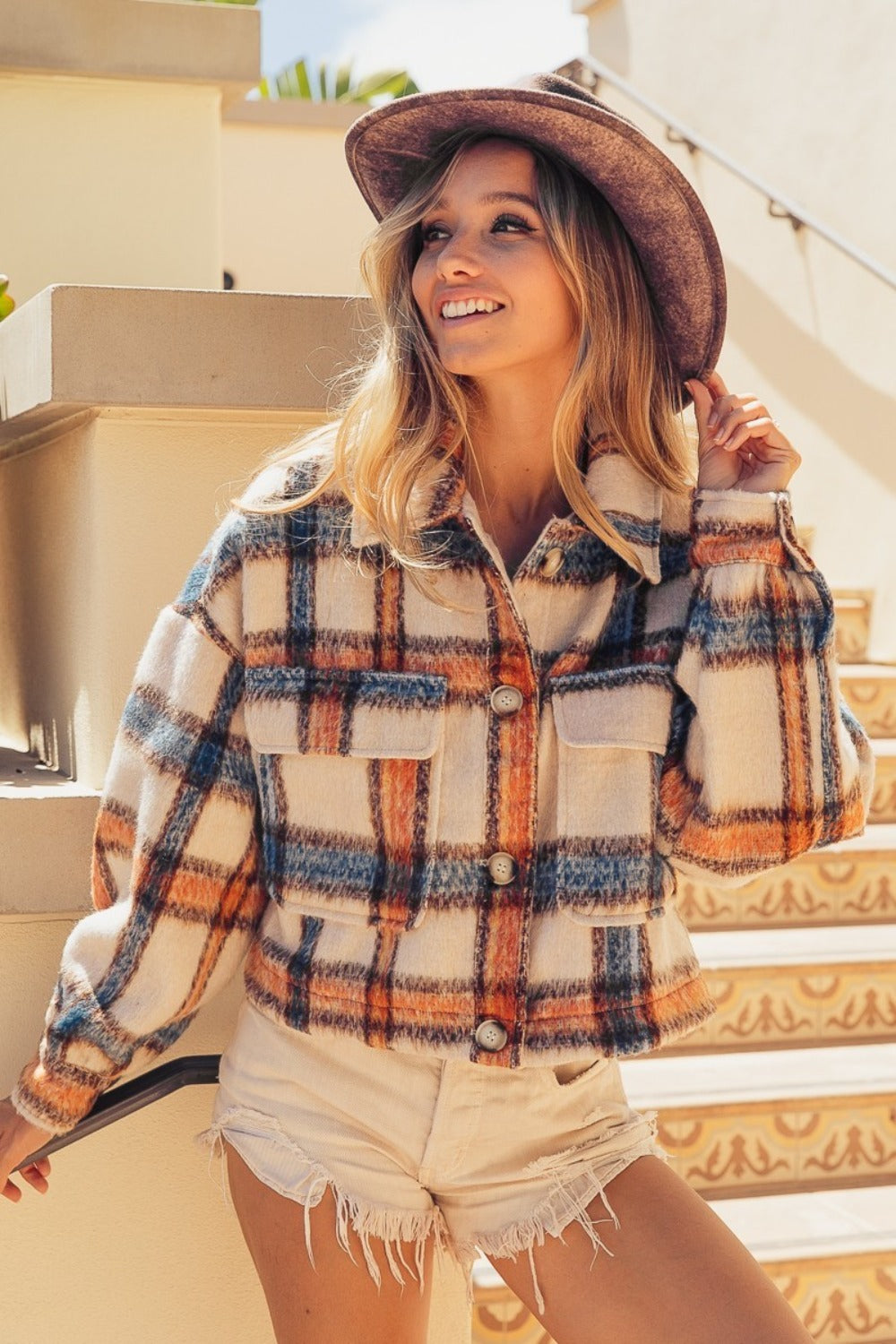 shopelevatedtoday, shopelevatedtoday.com, YBiBi Brushed Plaid Crop Jacket with Pockets