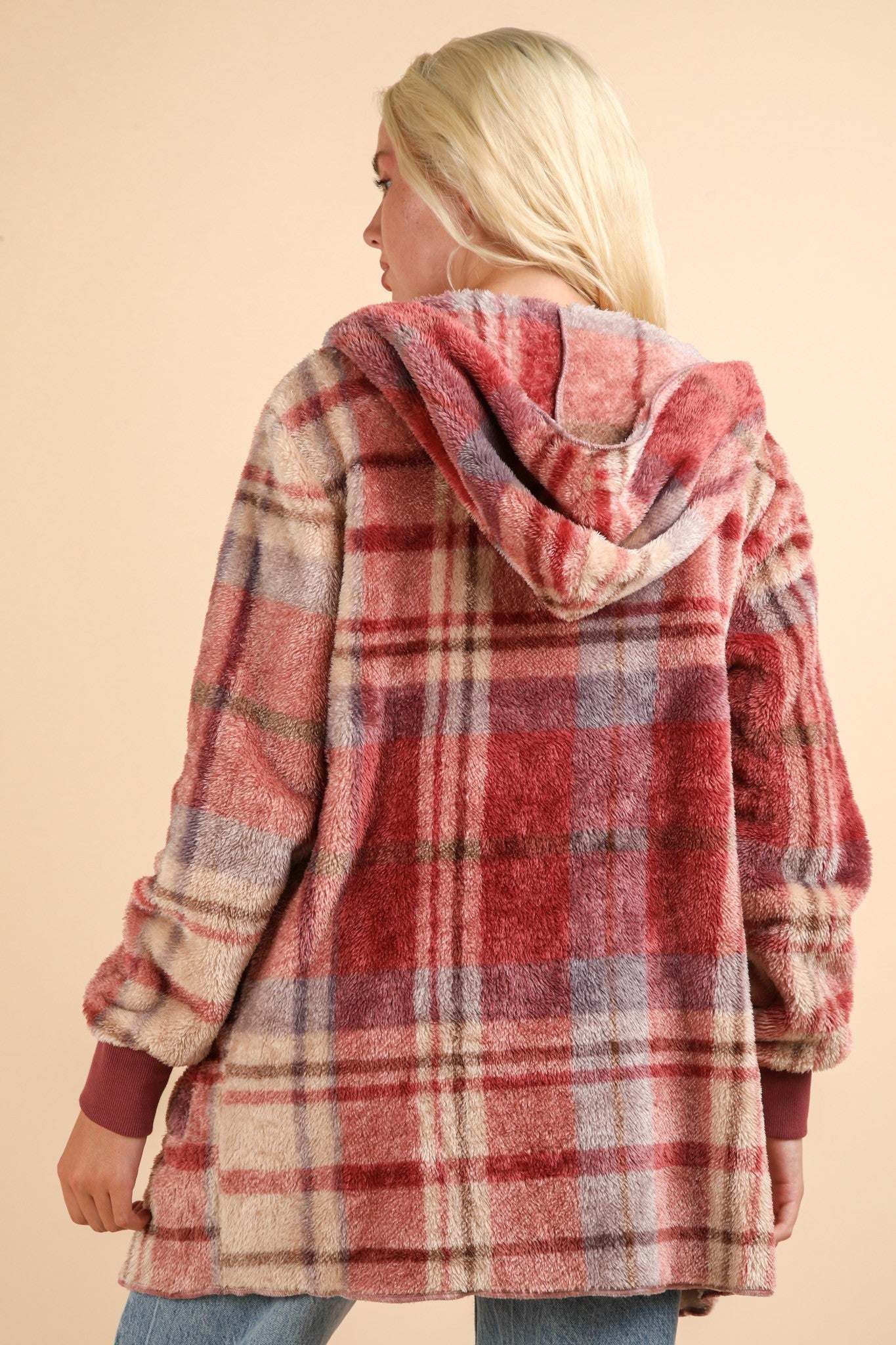 shopelevatedtoday, shopelevatedtoday.com/,VERY J Fuzzy Plaid Long Sleeve Hooded Jacket