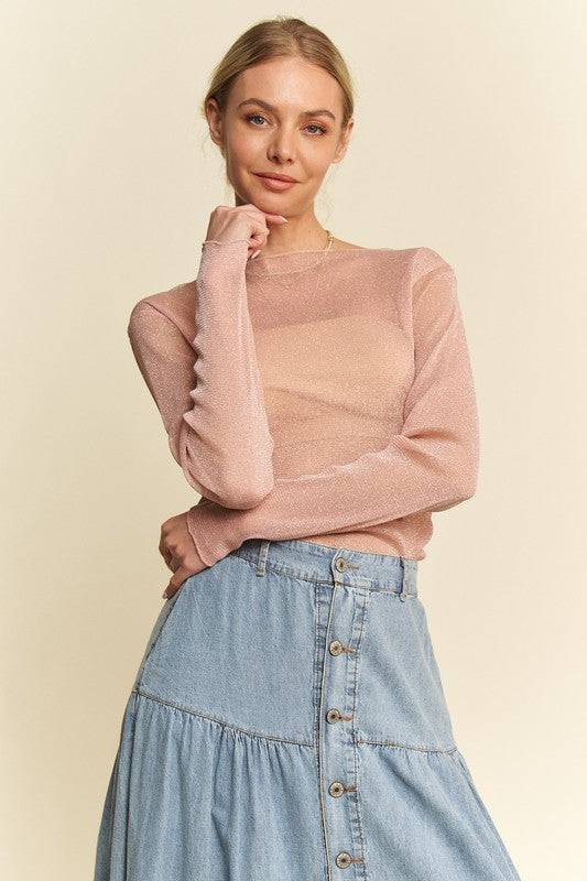 shopelevatedtoday, shopelevatedtoday.com, Davi & Dani Glitter Mesh Lettuce Hem Long Sleeve Top