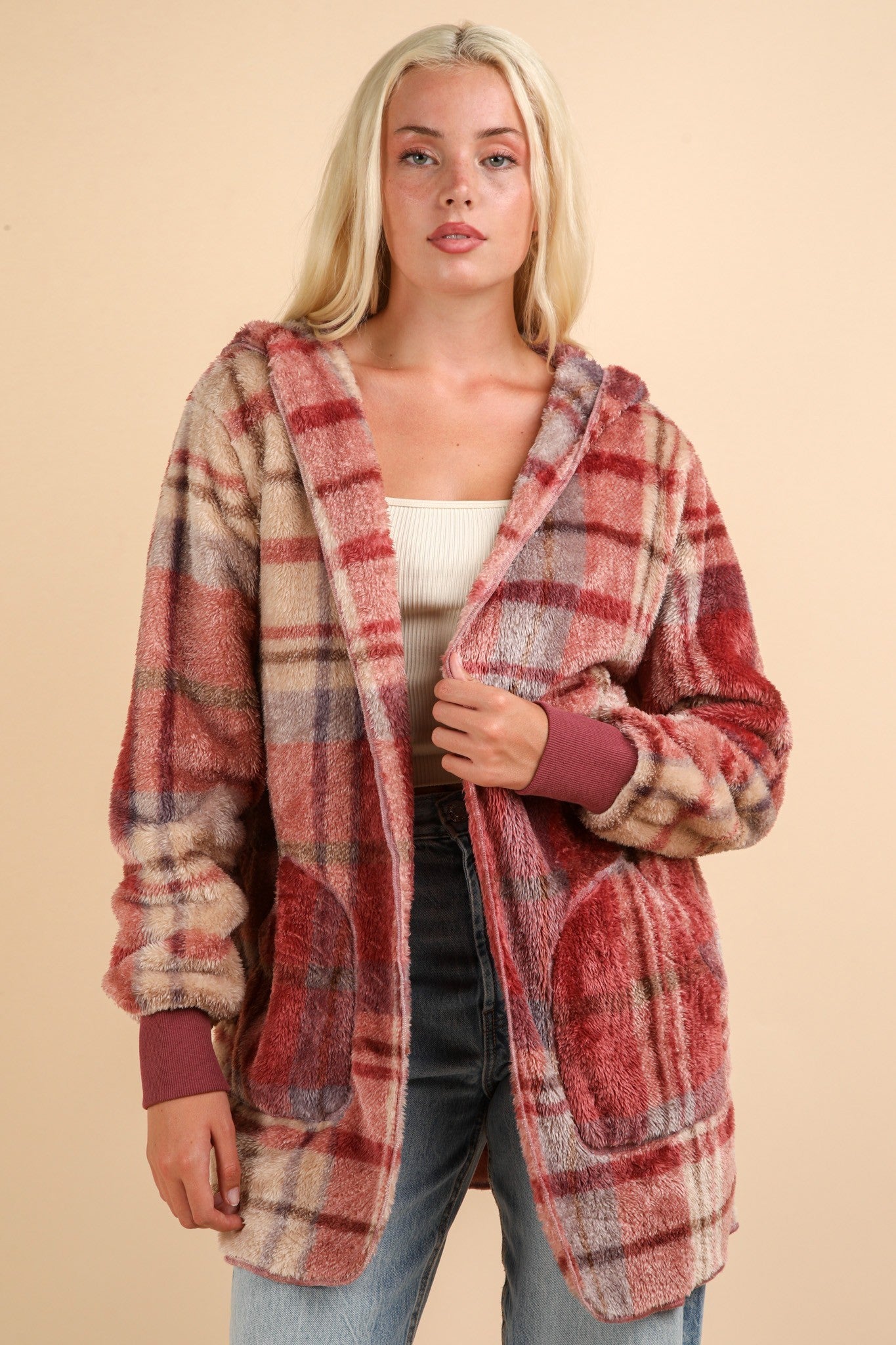 shopelevatedtoday, shopelevatedtoday.com/,VERY J Fuzzy Plaid Long Sleeve Hooded Jacket