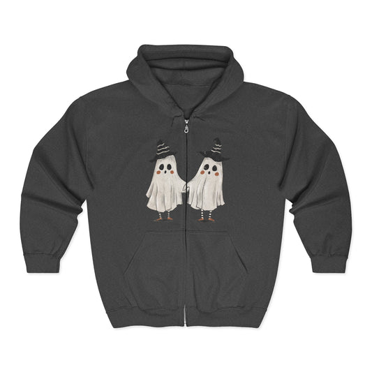 Halloween Ghosts Full Zip Hoodie | Cozy Sweatshirt for Fall, Spooky Fun, Costume Layering, Trick or Treat, Halloween Party Wear