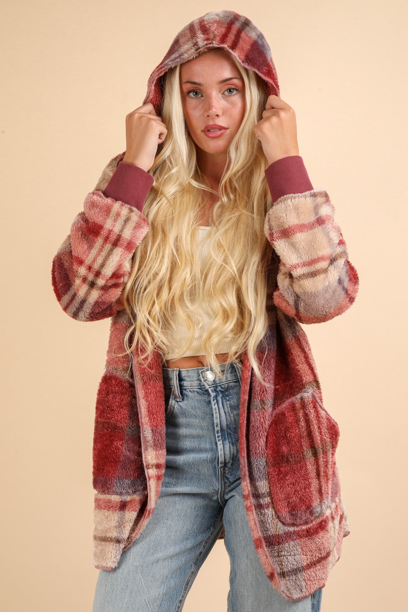 shopelevatedtoday, shopelevatedtoday.com/,VERY J Fuzzy Plaid Long Sleeve Hooded Jacket