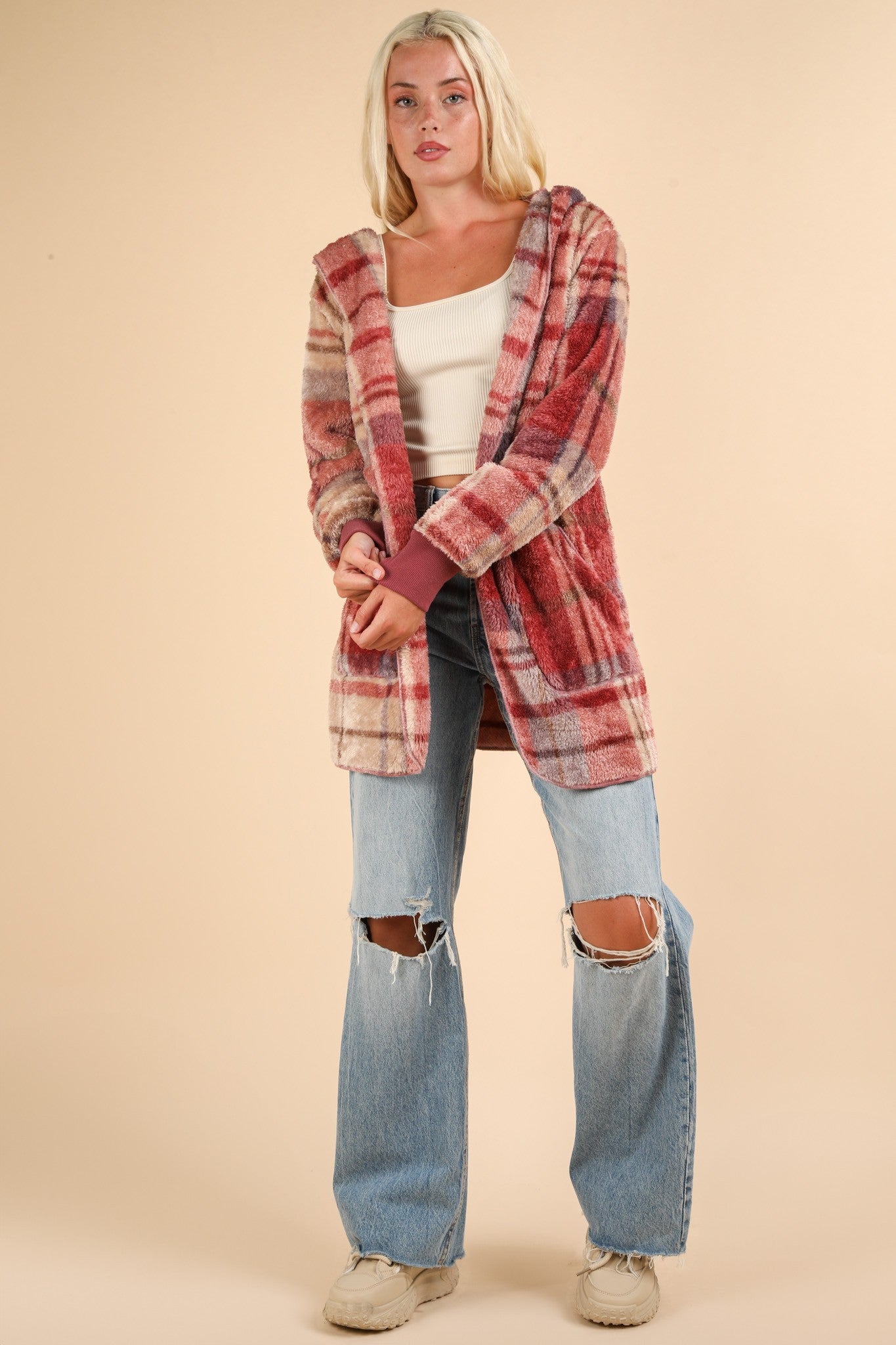 shopelevatedtoday, shopelevatedtoday.com/,VERY J Fuzzy Plaid Long Sleeve Hooded Jacket