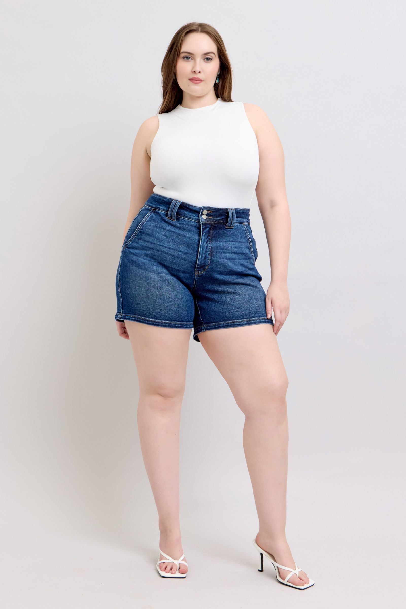 shopelevatedtoday, shopelevatedtoday.com, Judy Blue Full Size Double Button Waistband Denim Shorts Plus Size