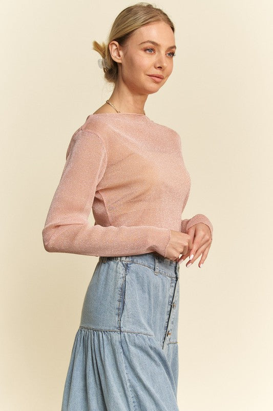 shopelevatedtoday, shopelevatedtoday.com, Davi & Dani Glitter Mesh Lettuce Hem Long Sleeve Top