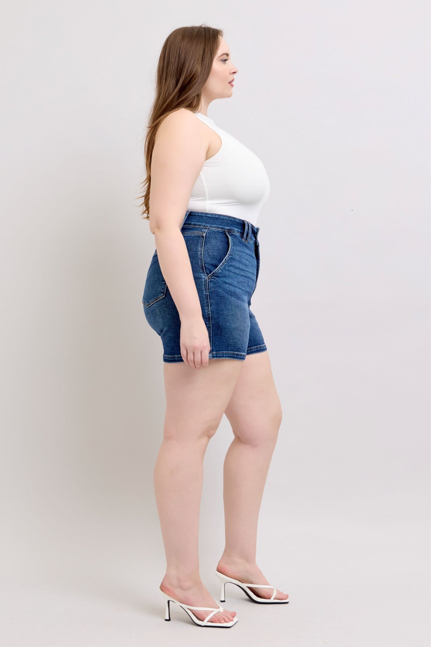 shopelevatedtoday, shopelevatedtoday.com, Judy Blue Full Size Double Button Waistband Denim Shorts Plus Size