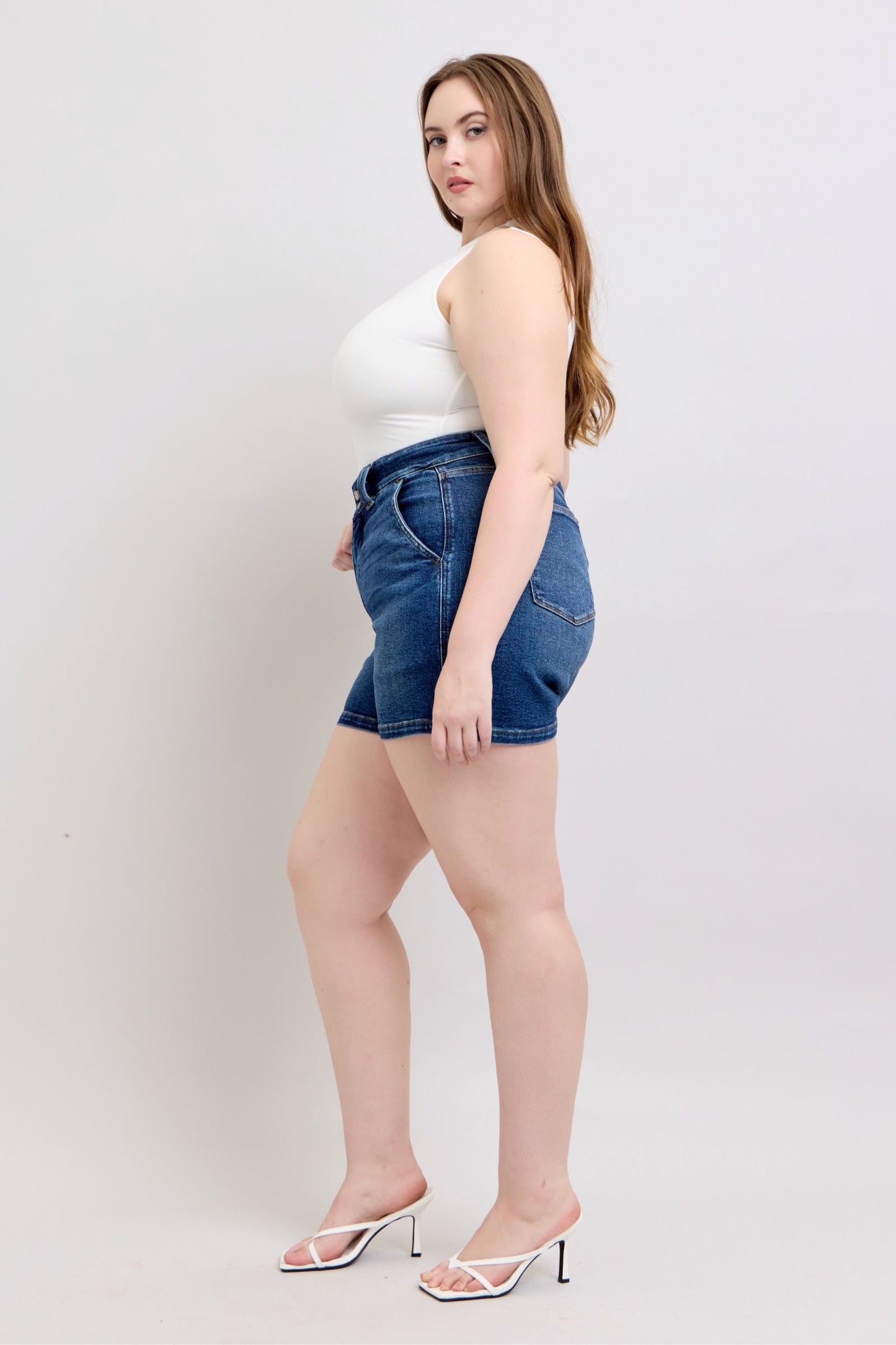 shopelevatedtoday, shopelevatedtoday.com, Judy Blue Full Size Double Button Waistband Denim Shorts Plus Size